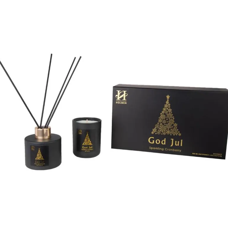 Jul gavesett duftlys & duftpinner eple og kanel svart
