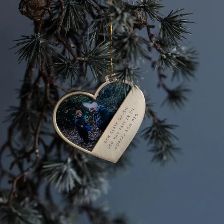 Julepynt hjerte m/fotoramme morfar 7x0,5 cm 14K gull