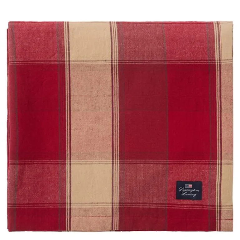 Rutete duk lin/bomull 150x350 cm rød/beige