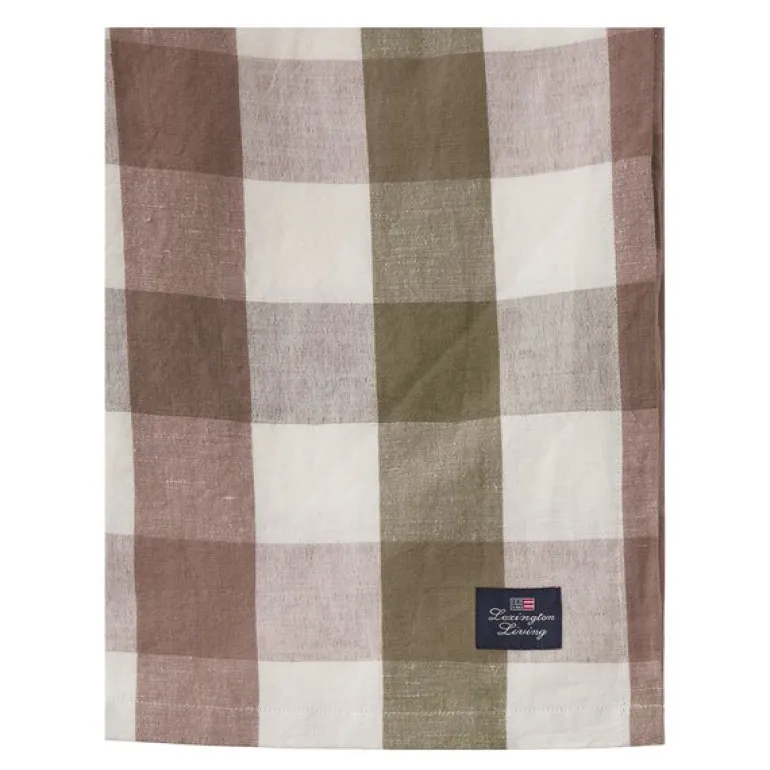 Rutete lin/bomulls duk 180x180 cm oliven/hvit/brun
