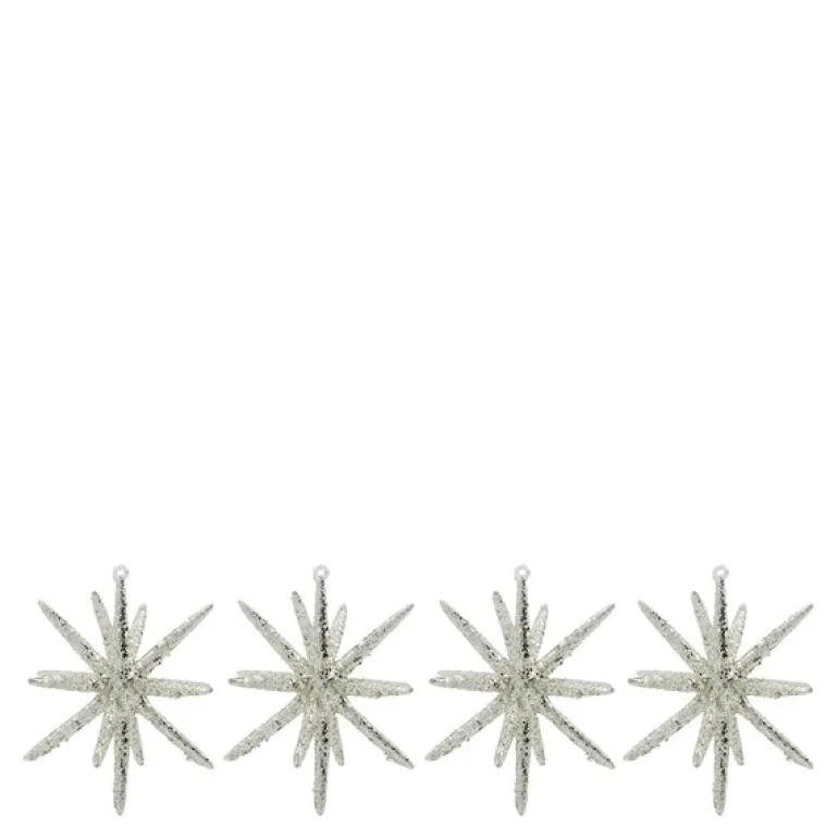 Spike juletrepynt store stjerner 12 cm 4 stk sølv/glitter