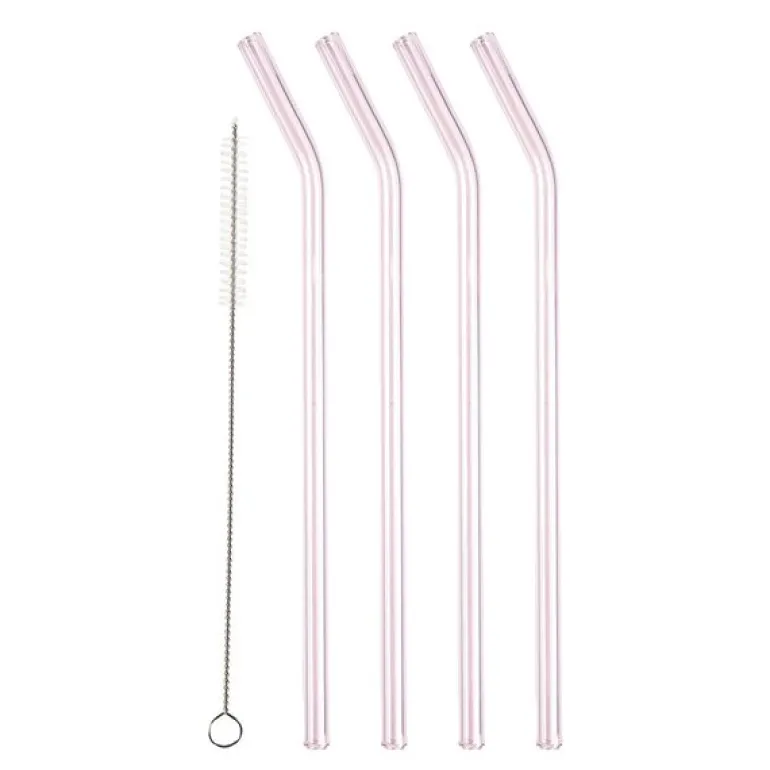 Sugerør med knekk 21,5 cm 4 stk glass rosa