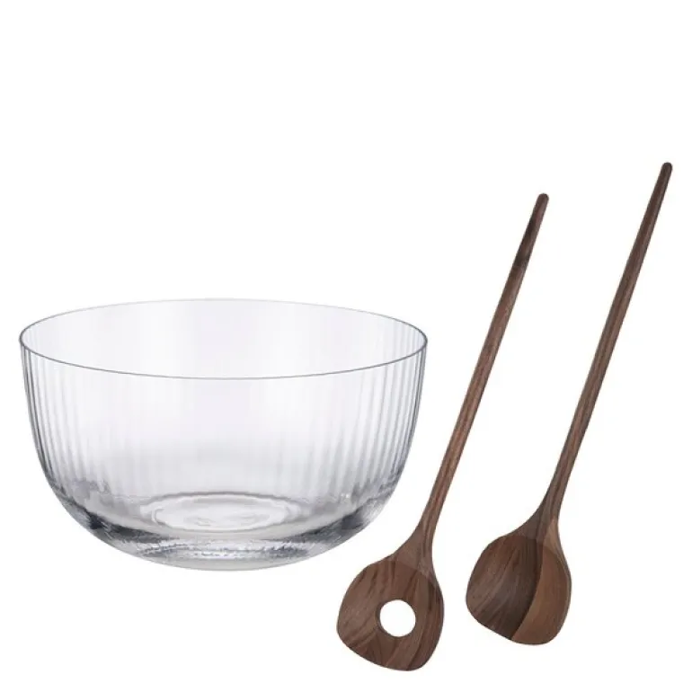 Timeless salatbolle med salatbestikk 3L klar/valnøtt