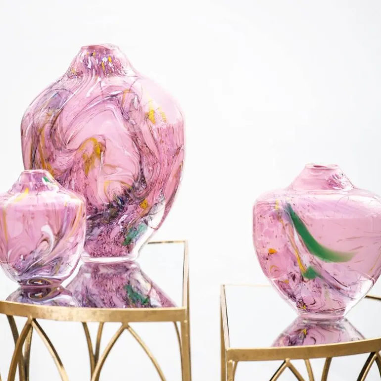 Unik skulptur kunstglass L 17 cm rosa multi